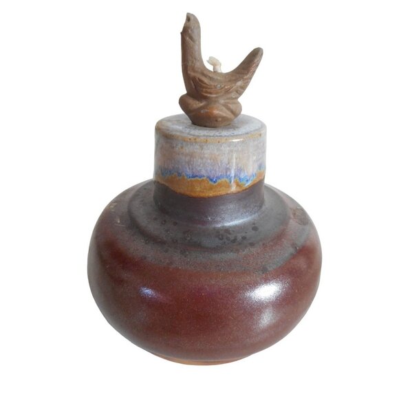 Vintage 1985 Flat Earth Pottery Duck Wick Topper Oil Lamp Vase Artist Signed - Picture 1 of 11